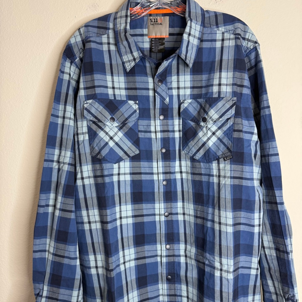 5.11 Tactical Shirt Mens Large Blue Plaid Long Sleeve Snap Front Utility Work - Picture 2 of 5